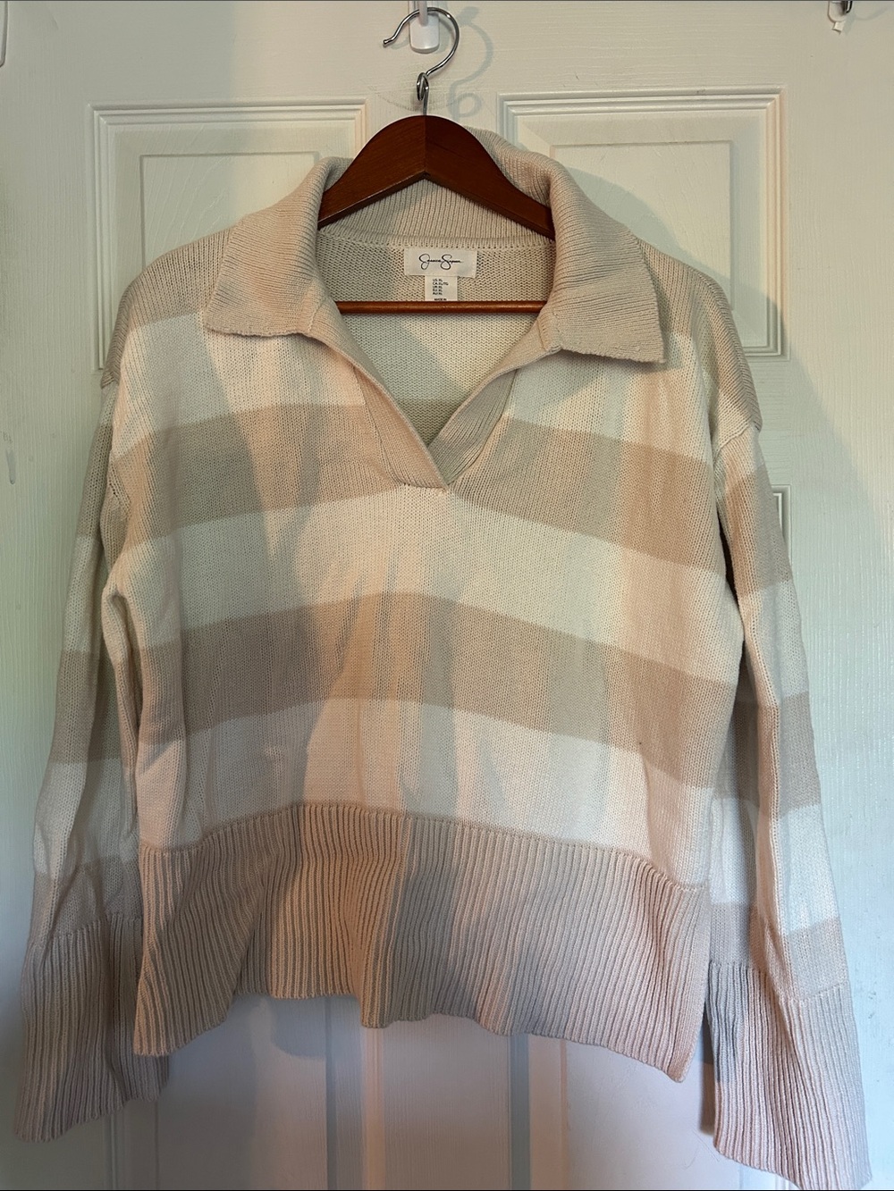 Jessica Simpson Cream and Beige Striped Cowl-Collar V Neck Sweater